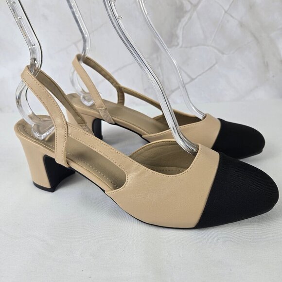 Unbranded Sz 39(US 8.5) Cream Slingback Heels Black Toe Cap Almond Toe - Picture 2 of 10